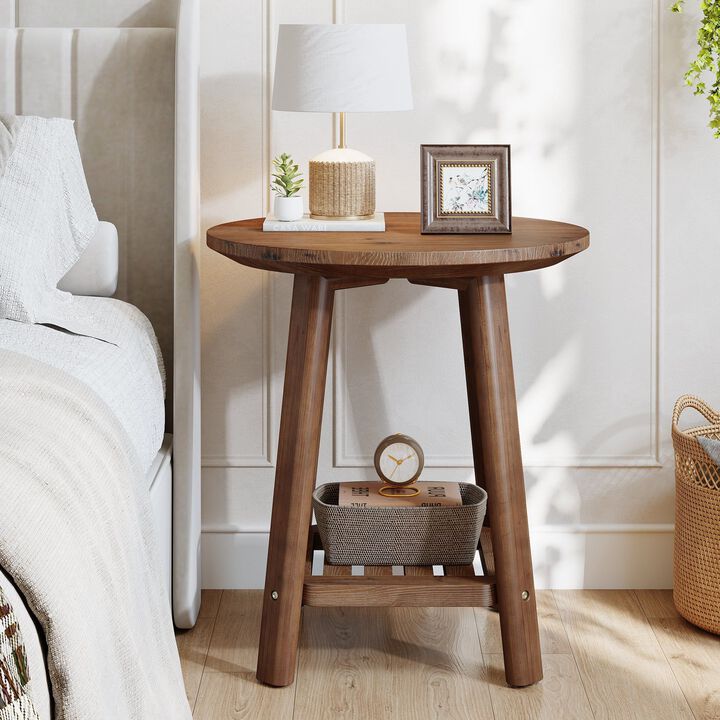 2-Tier Round Solid Wood Side Table, Farmhouse Storage Shelf &ndash; Walnut