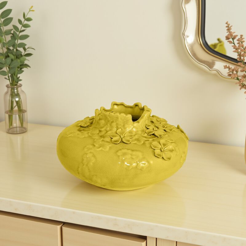 Remi Flower Vase, Decorative Yellow Ceramic w Floral Motifs, 12 Inch - Benzara