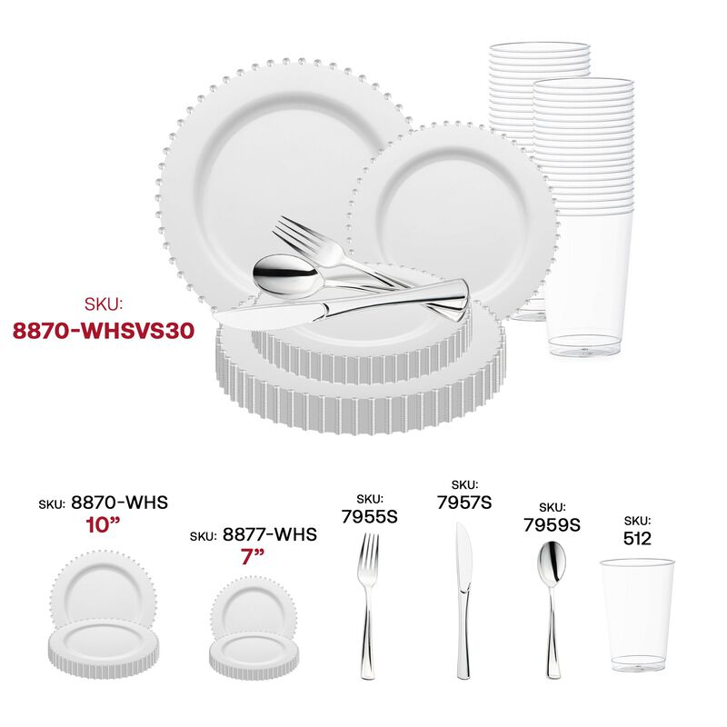 White with Silver Pearl String Round Plastic Wedding Value Set (60 Sets) image number 5