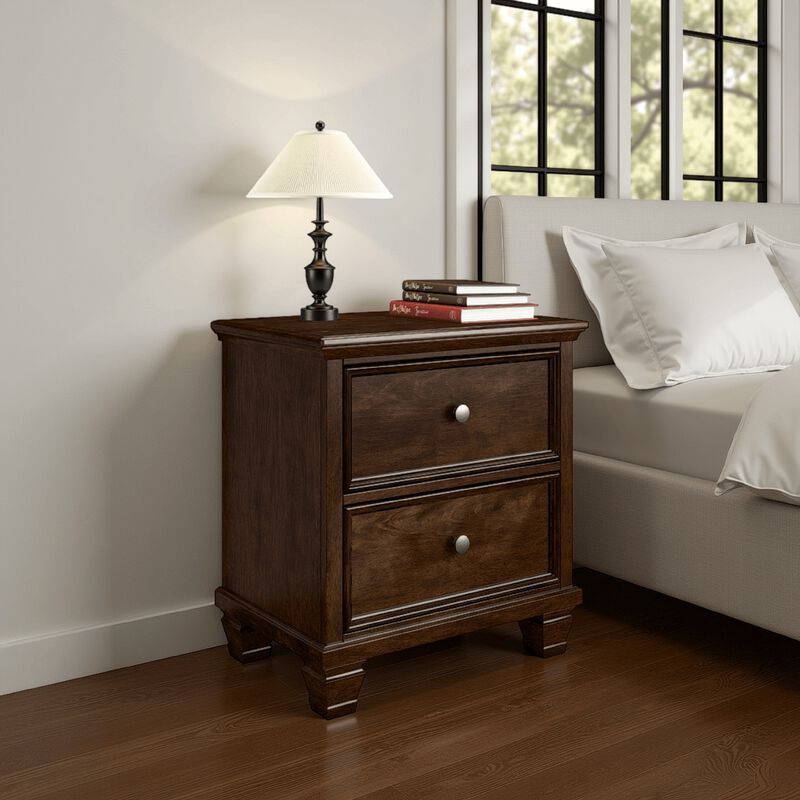 Reno Nightstand, 2 Drawers, Nickel Round Knobs, Rich Brown Solid Wood - Benzara