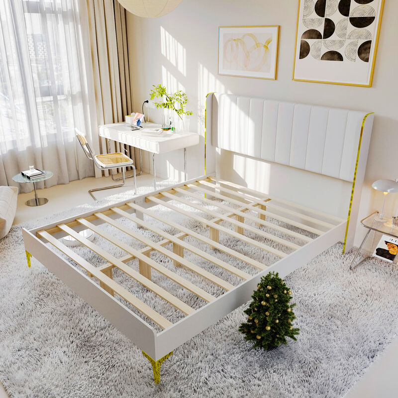 FUFU&GAGA Modern White and Gold Bed Frame with PU Leather Headboard, P2 MDF Construction, and Sturdy Golden Feet (81.1" L x 63" W x 44" H),White and Gold