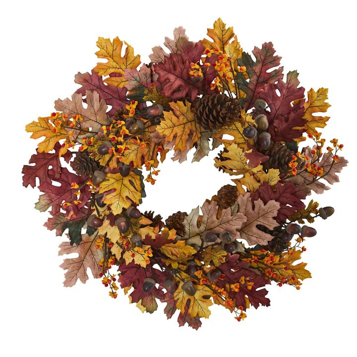 Nearly Natural 24-in Oak Leaf, Acorn & Pine Wreath