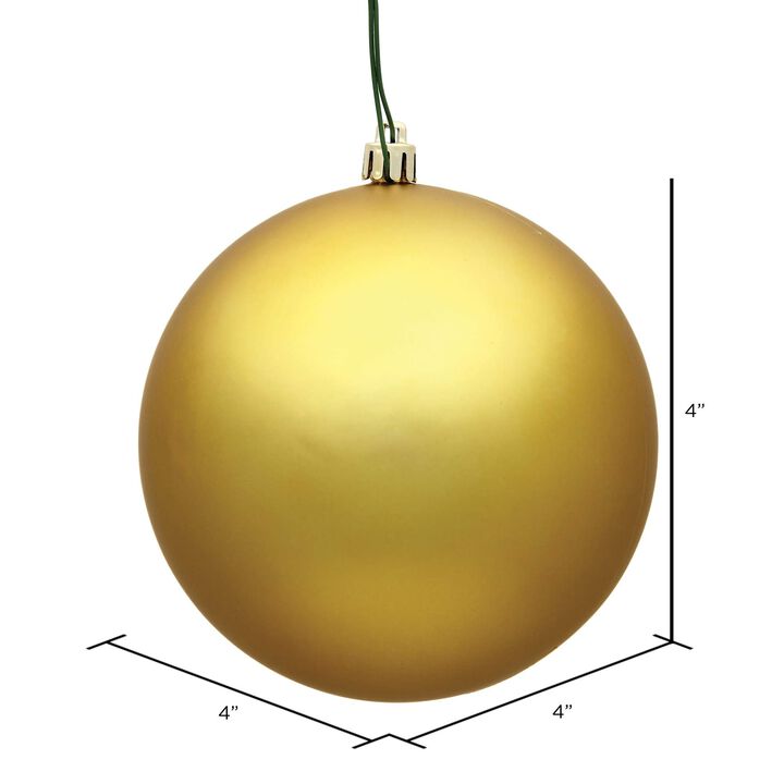 Vickerman 4" Matte Finish Shatterproof Christmas Ball Ornament, UV Resistant with Drilled Cap, 6 per Bag, Gold - Easy to Hang - Reliable