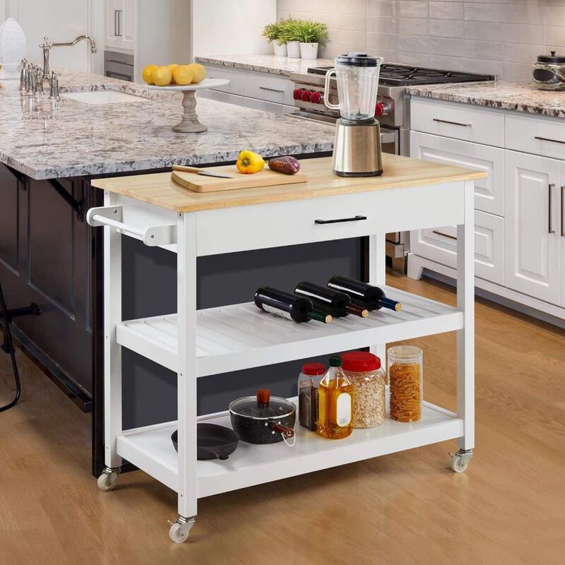 Hivvago White Kitchen Island Cart with Drawer Storage Shelves and Locking Casters
