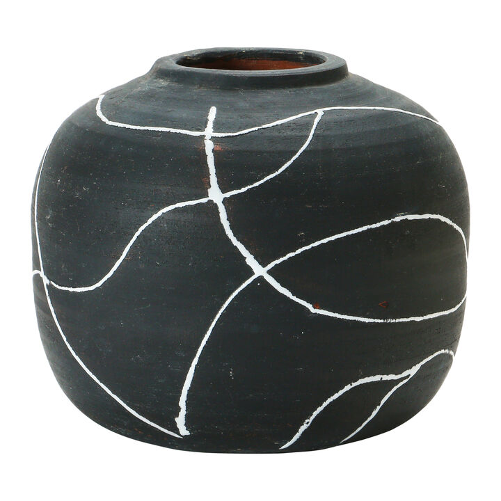 Round Decorative Stoneware Vase with Hand-painted Intersecting Lines, Black and White