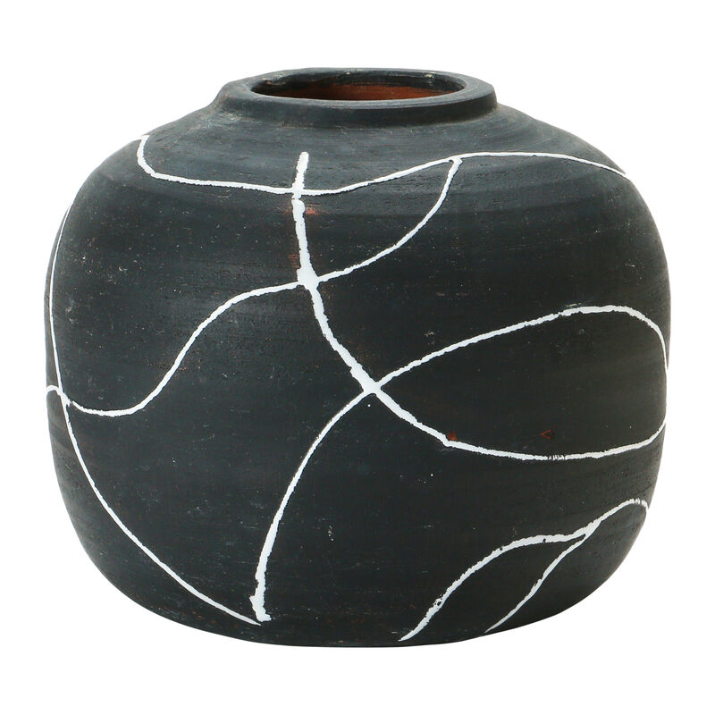 Round Decorative Stoneware Vase with Hand-painted Intersecting Lines, Black and White image number 0