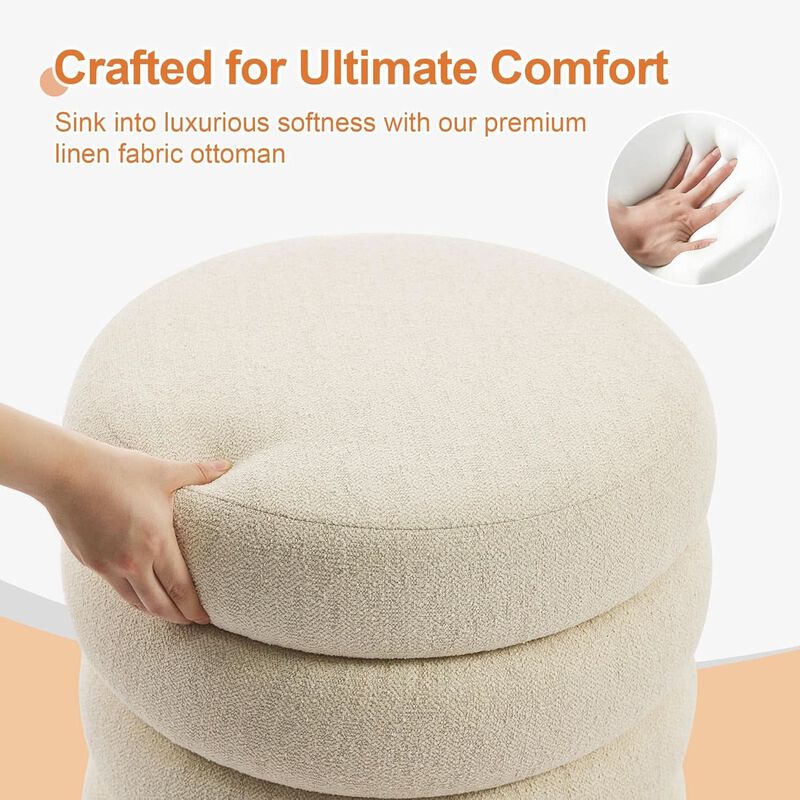 Beige Linen Upholstered Round Storage Ottoman - Removable Lid image number 5