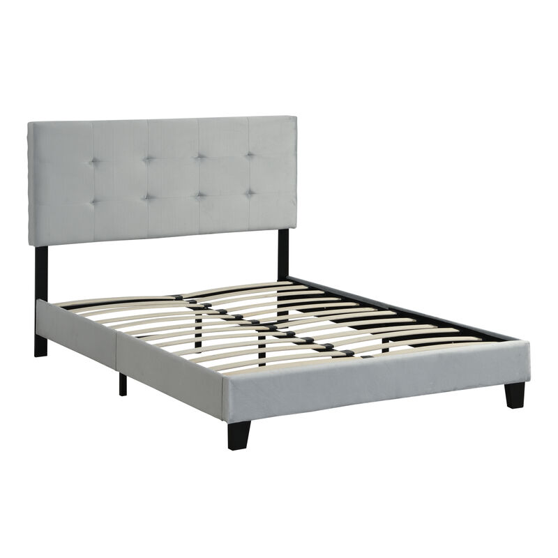 Full Size Upholstered Platform Bed Frame with pull point Tufted Headboard, Strong Wood Slat Support, Mattress Foundation, No Box Spring Needed, Easy Assembly, Gray