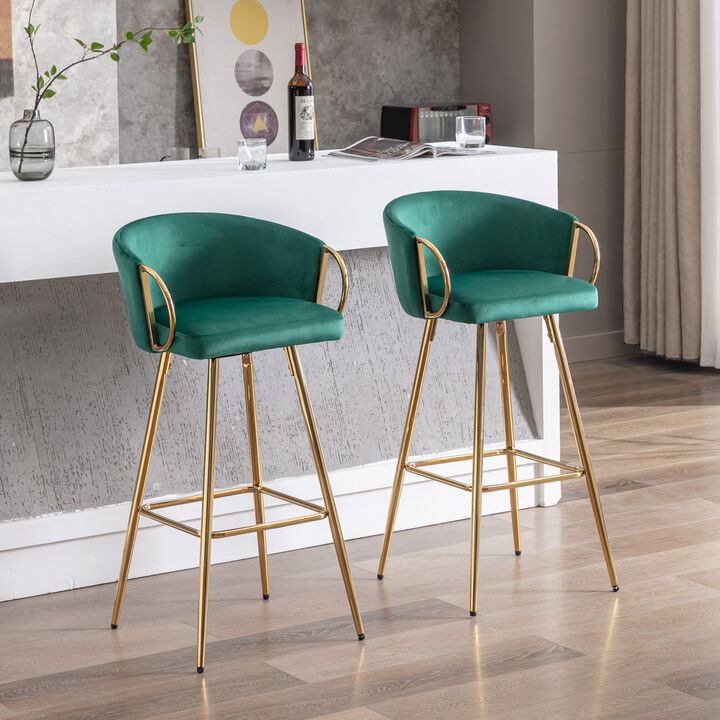 26 Inch Set of 2 Velvet Bar Stools with Chrome Footrest and Golden Base Counter Height Stools