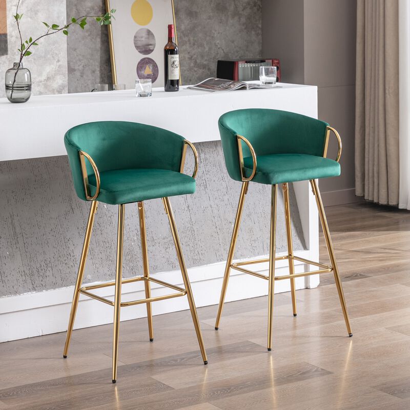 26 Inch Set of 2 Velvet Bar Stools with Chrome Footrest and Golden Base Counter Height Stools image number 1