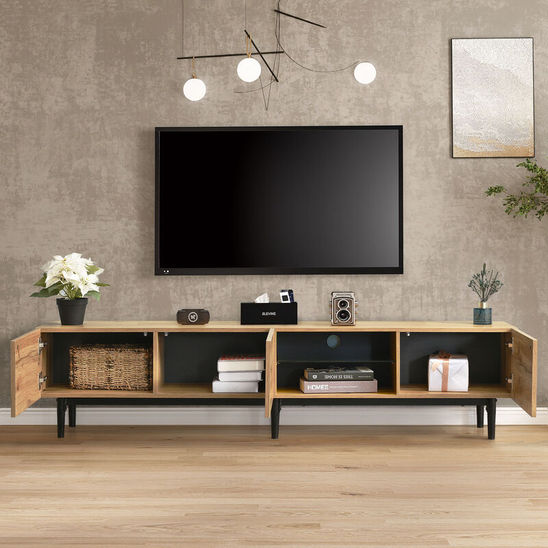 Modern TV Stand with 4 Cabinets& Open Shelves, Color-matching Media Console Table for TVs up to 80'' with LED Light, Entertainment Center with Drop Down Door for Living Room, Bedroom, Home Theatre