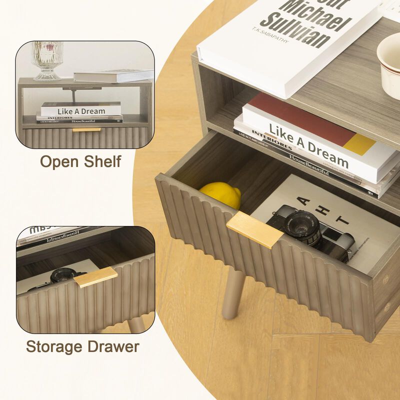 Fultyle Night Stand with Charging Station, Modern Bedside Table with Drawer and Solid Wood Legs, Fluted Side End Table for Bedro