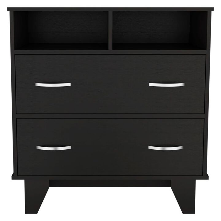 DEPOT E-SHOP Stamford Two Drawer Dresser, Four Legs, Two Open Shelves, Superior Top, Black