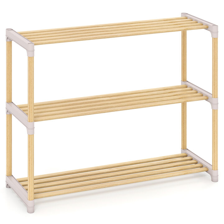 Solid Wood 3-Tier Shoe Rack with Slatted Shelves for Entryway or Home-Natural