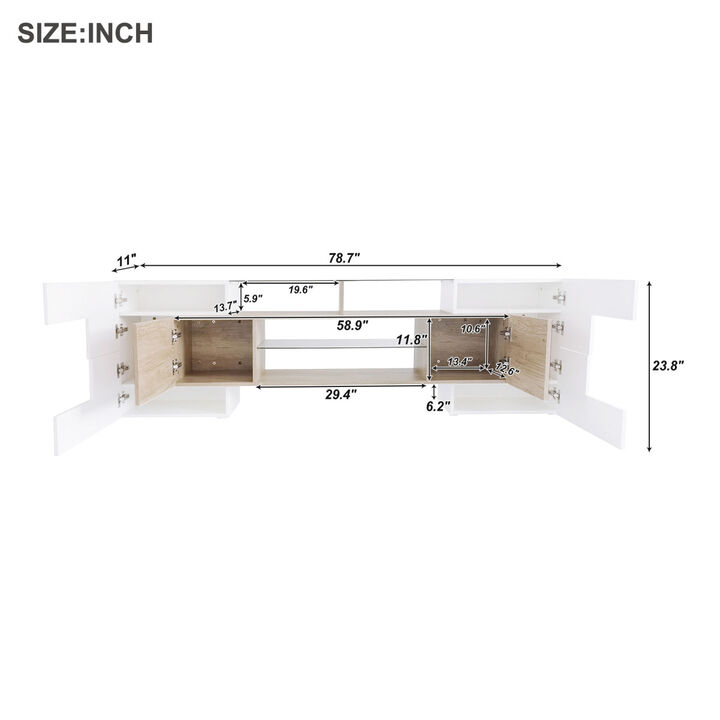 Unique Shaped TV Stand with 2 Illuminated Glass Shelves, High Gloss Entertainment Center for TVs Up to 80", Versatile TV Cabinet with LED Color Changing Lights for Living Room, Wood