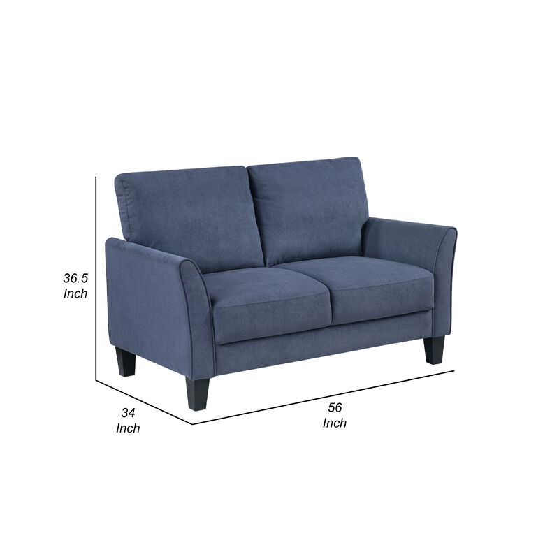 Xumo Loveseat, Blue Fabric, 56 Inch, Black Tapered Wood Legs - Benzara