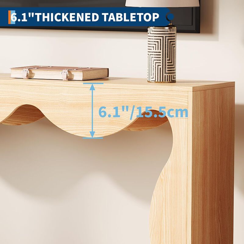 63 Inch Farmhouse Scalloped Console Table for Entryway, Narrow Wood Sofa Table Behind Couch image number 3
