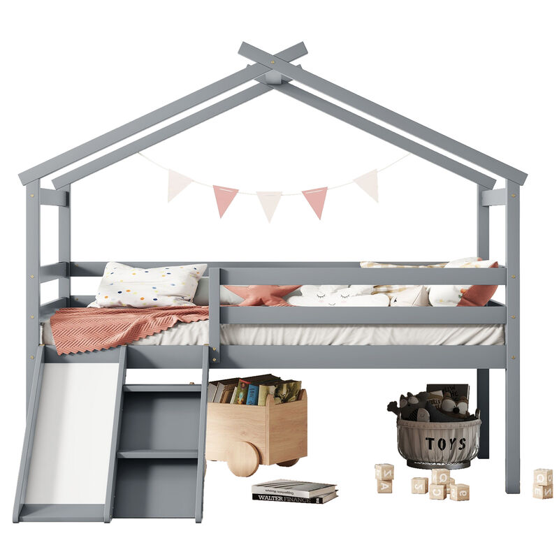 Whisen Twin Low Loft House Bed with Fun Slide, Secure Ladder, and Playful Roof Frame image number 0