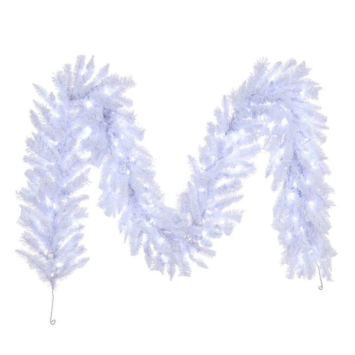 Vickerman 9' x 14" Flocked White Garland, Dura-Lit&reg; Pure White LED Mini Lights.