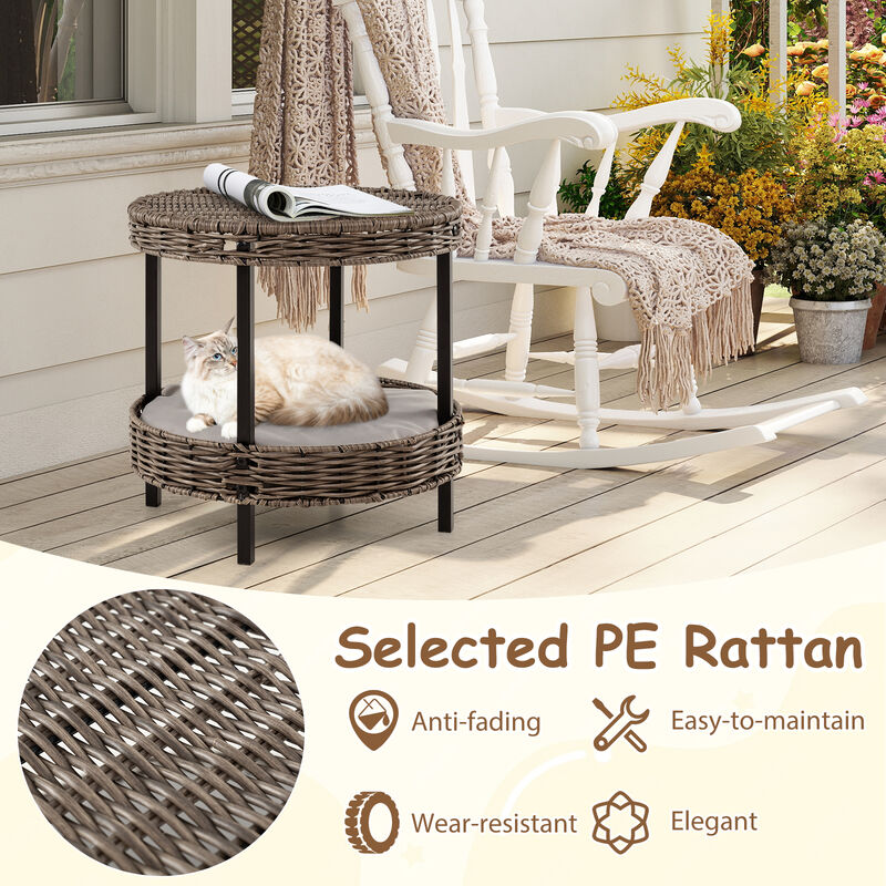 Rattan 2-Tier Cat Nest with Removable Padded Cushion for Home-Grey image number 7