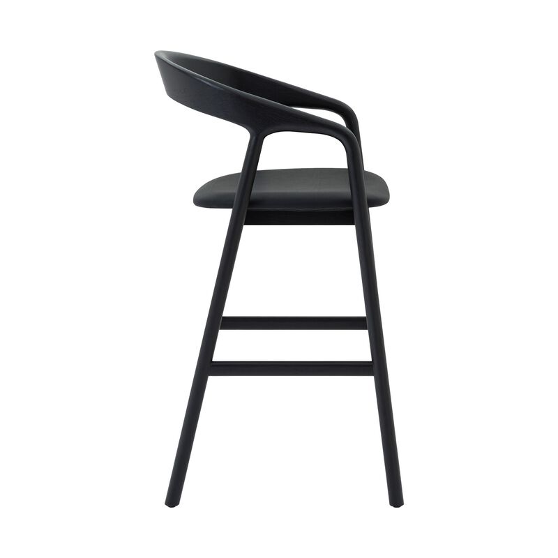 Agas Counter Stool Chair, Curved Faux Leather Upholstery, Black Oak Wood - Benzara