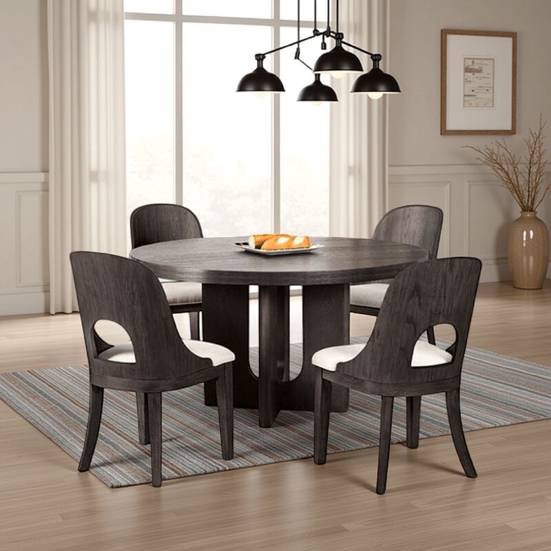 Zoko Round Dining Table, Pedestal Base, Ash Gray, Solid Wood 54 Inch - Benzara