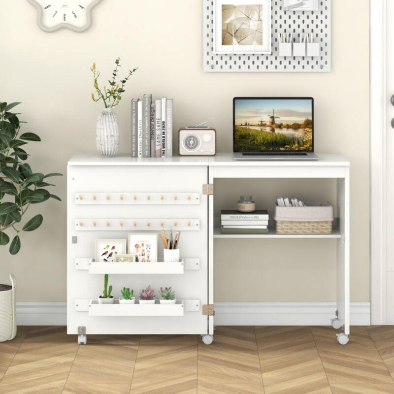 Folding Sewing Table with Storage Shelf and 5 Lockable Wheels for Craft Room Mobility