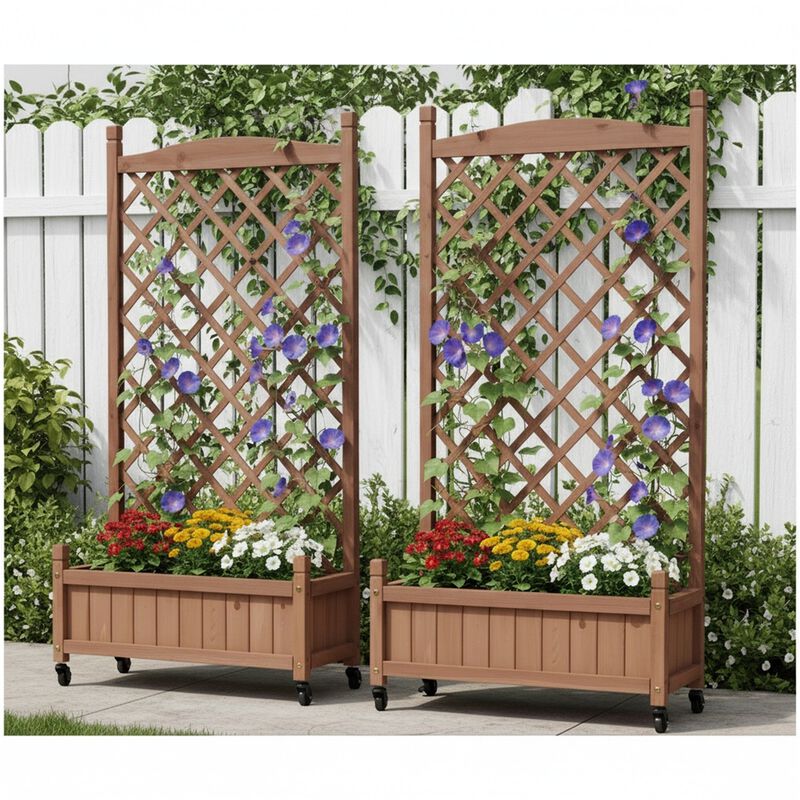 2 Pack Raised Garden Bed with Trellis, Outdoor Wooden Planter Box & Plant Stand with Climbing Racks image number 2