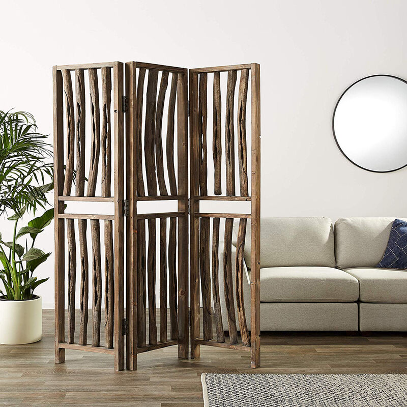 Contemporary 3 Panel Wooden Screen with Log Design, Brown - Benzara