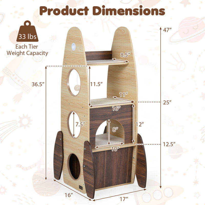 Indoor Cat Tree Large Wooden Rocket-Shaped Cat Tower-Natural image number 2