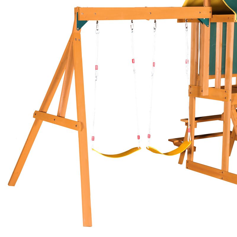 Mondawe Outdoor Cedarwood 3-in-1 Kids Playset Swing Set with Slide & Rock Wall, Adjustable Swings