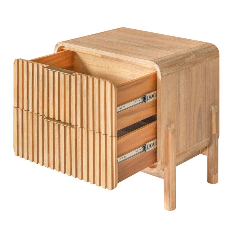 Cid Tori 24 Inch Nightstand, 2 Fluted Drawers, Gold Metal Handles, Brown - Benzara image number 3