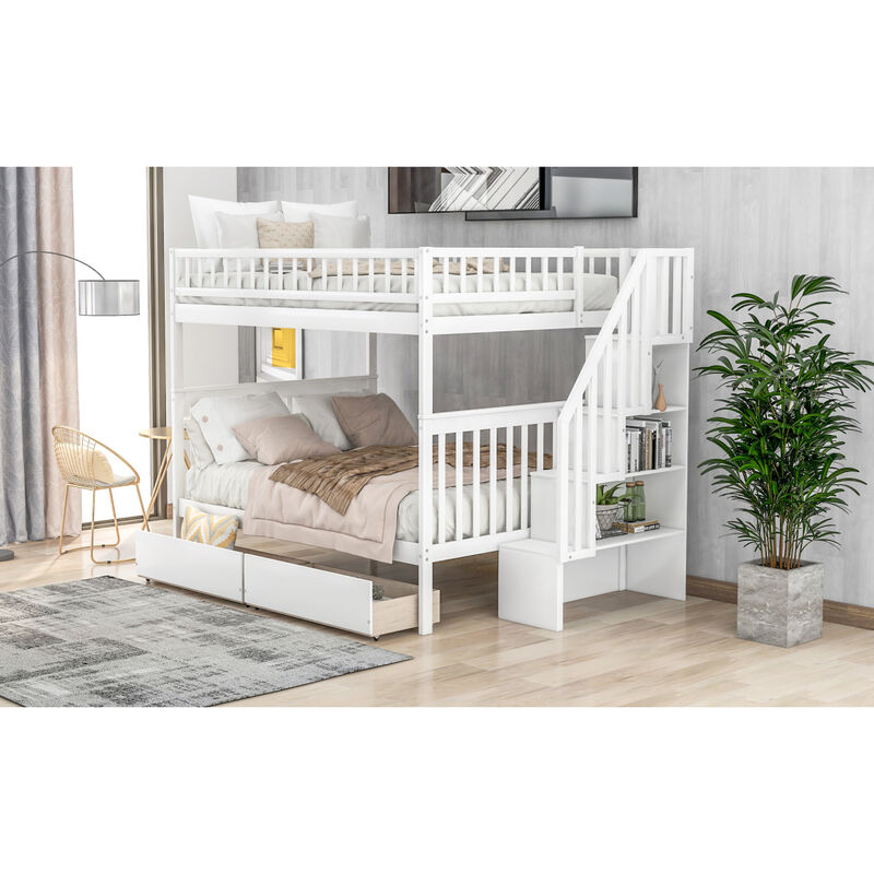 Full over Full Bunk Bed with Two Drawers and Storage, White