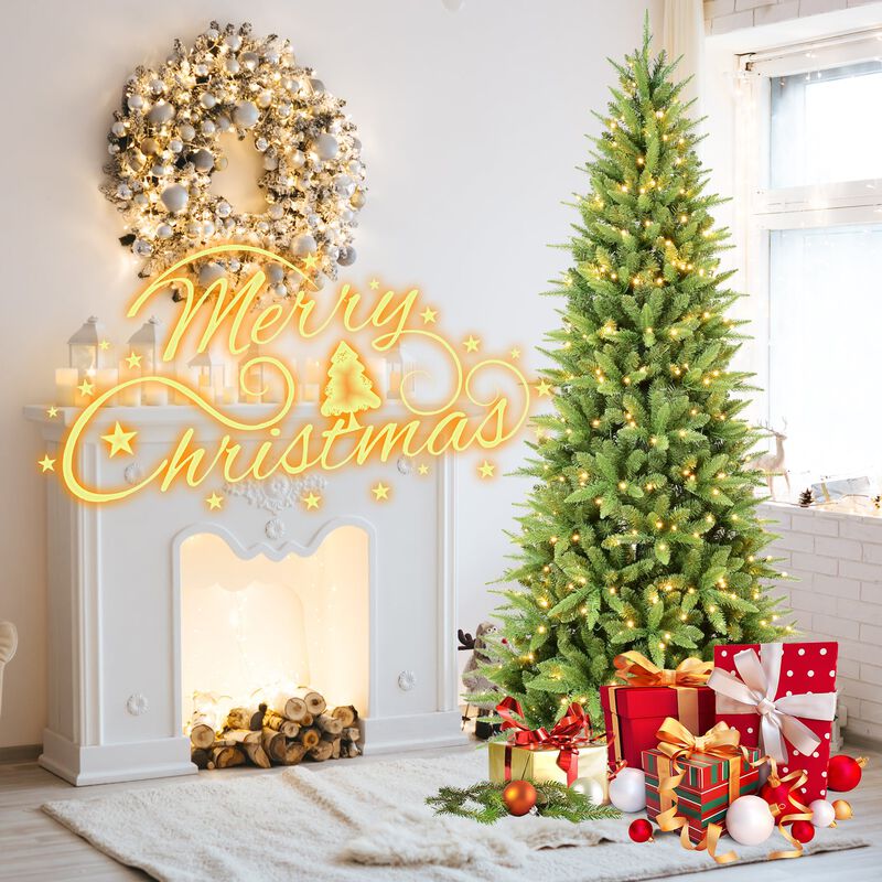 7 ft. Slim Christmas Tree Pre Lit with 400 Warm White LED Lights 1180 Tips PE PVC Hinged