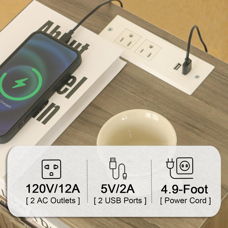 Fultyle Night Stand with Charging Station, Modern Bedside Table with Drawer and Solid Wood Legs, Fluted Side End Table for Bedro
