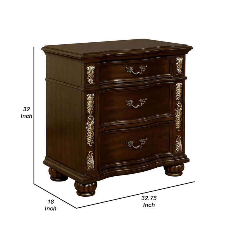 3 Drawer Wooden Nightstand with Decorative Accent and USB Plugin, Brown-Benzara