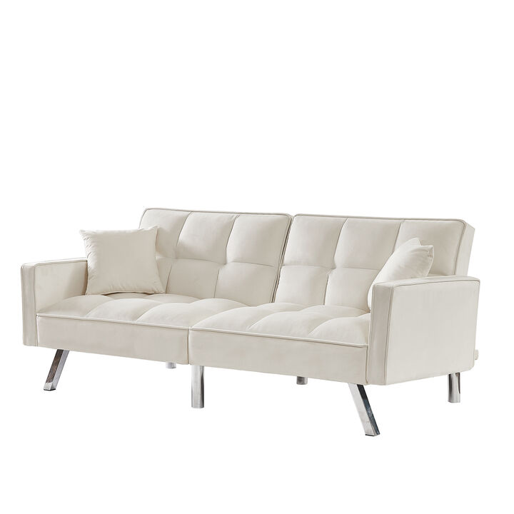 Cream White Velvet Sofa Couch Bed with Armrests and 2 Pillows