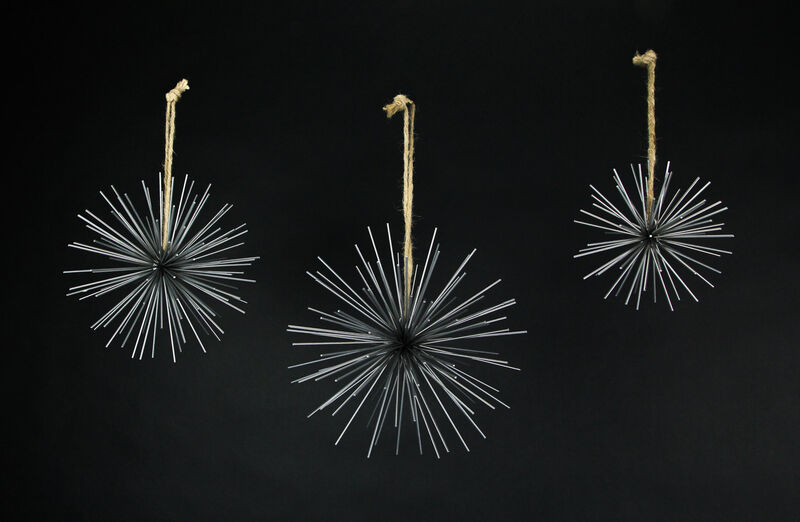 Silver Metal Bursting Star Decorative Hanging Ornaments Set of 3 Rope Hangers image number 1