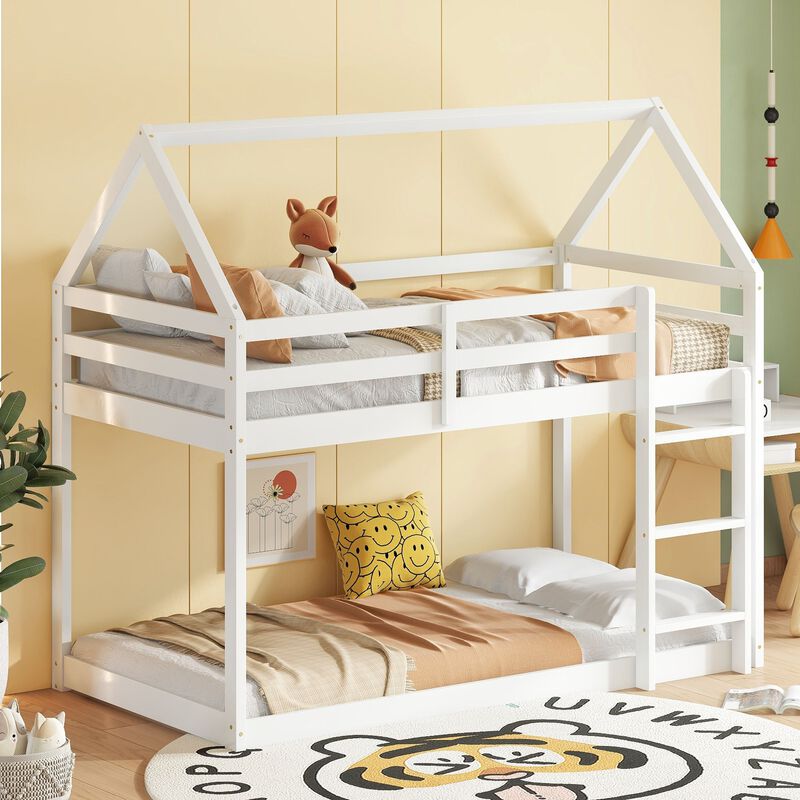 Whisen Twin over Twin Rubber Wood House-Shaped Floor Bunk Bed with ladder and Safety Guardrails - Gray