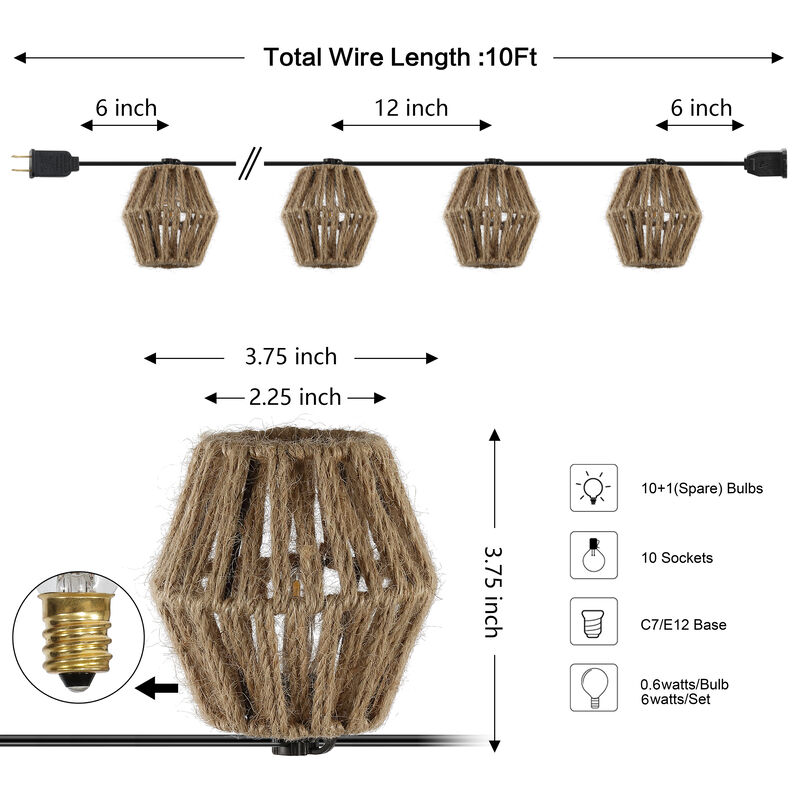 Samara Light Indoor/Outdoor Mid-Century Classic Incandescent C7 Lantern Hemp Rope Shaded String Lights