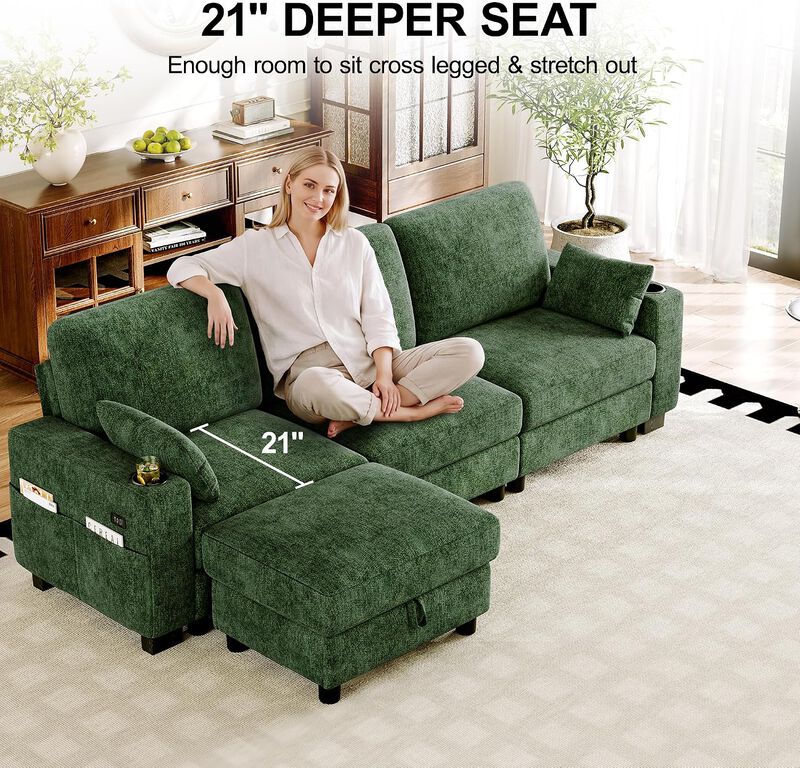 Vipbear 100 Inch Modular Sectional Sofa, Soft Chenille L Shaped Couch with Moveable Storage Ottoman image number 6