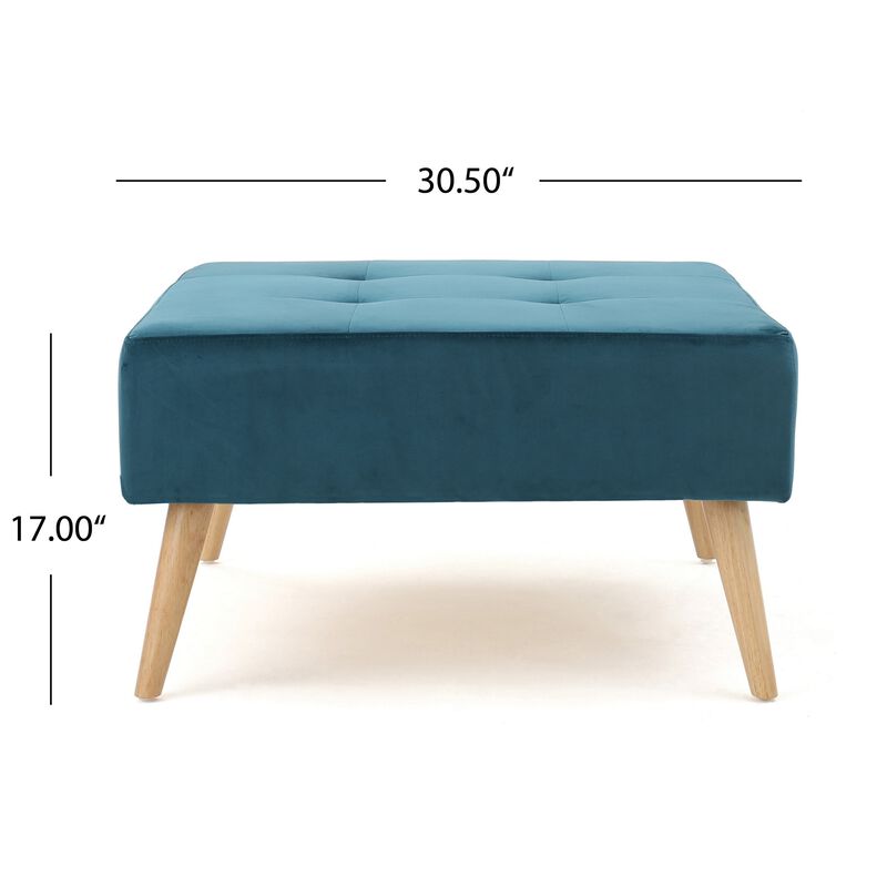 Ottoman, Tufted Teal Velvet, Brown Tapered Wood Legs, Square 31 Inch - Benzara