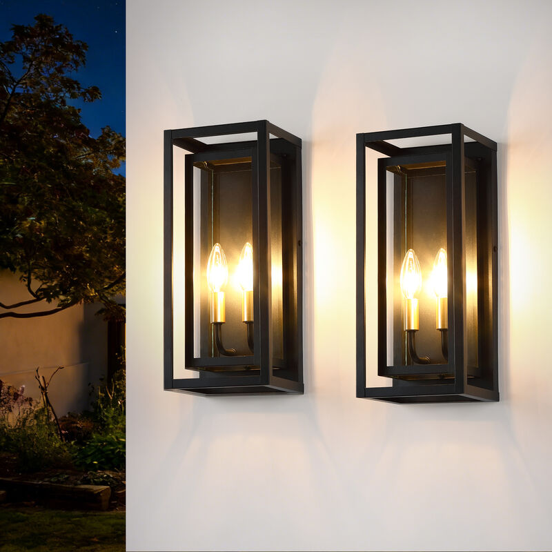 2-Pack 15 in. Traditional Farmhouse Sand Black and Gold 2-Light Outdoor Wall Lanterns with Clear Glass image number 1