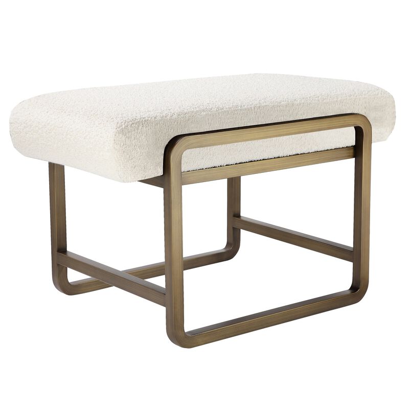 Loer 18 Inch Modern Accent Stool, Ivory Boucle Upholstery, Sled Brass Legs - Benzara