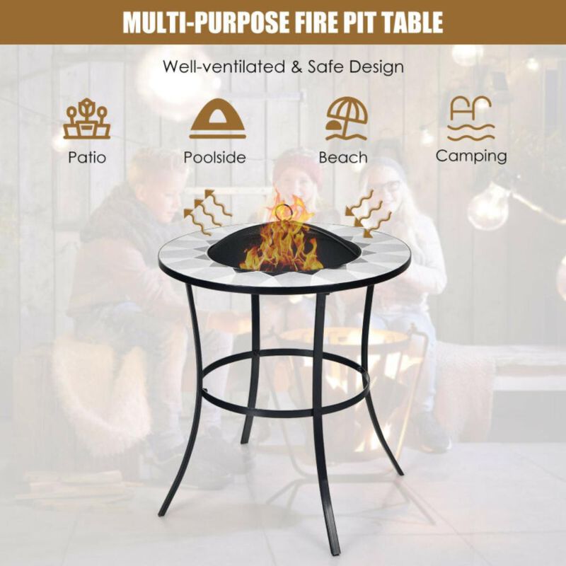 Hivvago 23.5 Inches Round Fire Pit Table with Mesh Cover and Fire Poker