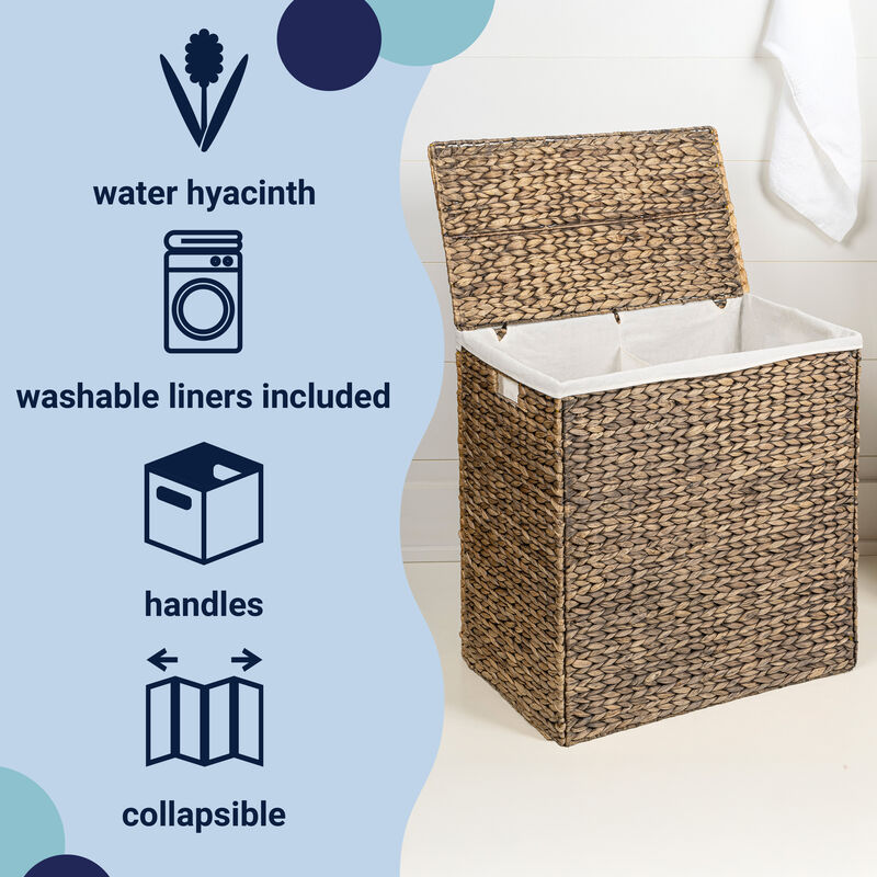 Sawyer Classic Farmhouse Handwoven Hyacinth 2-Section Collapsible Laundry Hamper with Washable Liner