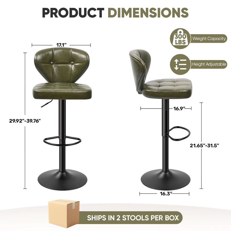 PU Leather Swivel Bar Stools Set of 2, Modern Hydraulic Adjustable Counter Height Stools, Steady Water Resistant Iron Frame 360&deg; Kitchen Island Chairs image number 5