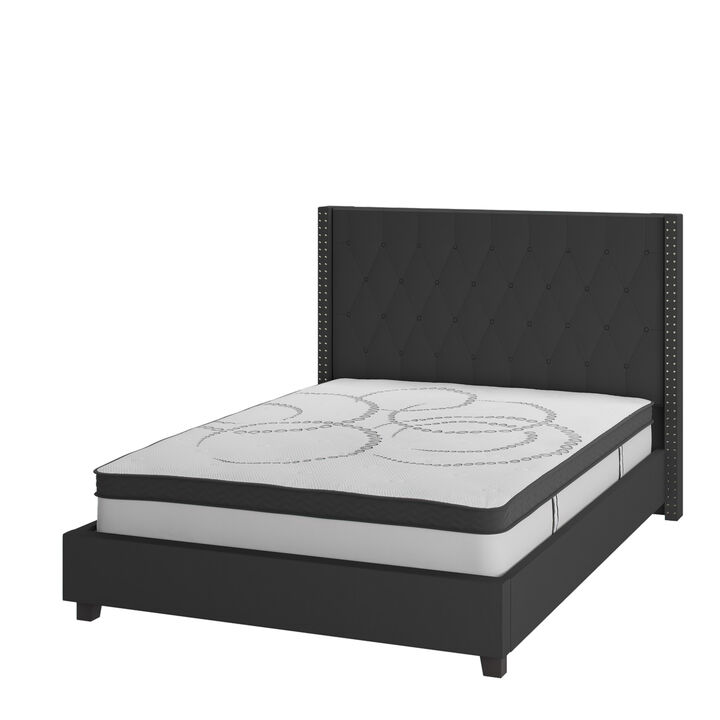 Riverdale Full Size Tufted Upholstered Platform Bed in Black Fabric with 10 Inch CertiPUR-US Certified Pocket Spring Mattress