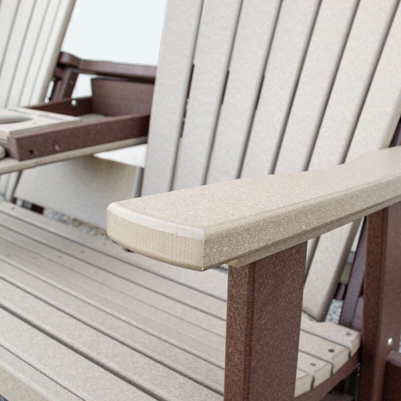 American Furniture Classics Two Seat Fan Back Glider with Drop Down Table/Cup Holder in Weatherwood