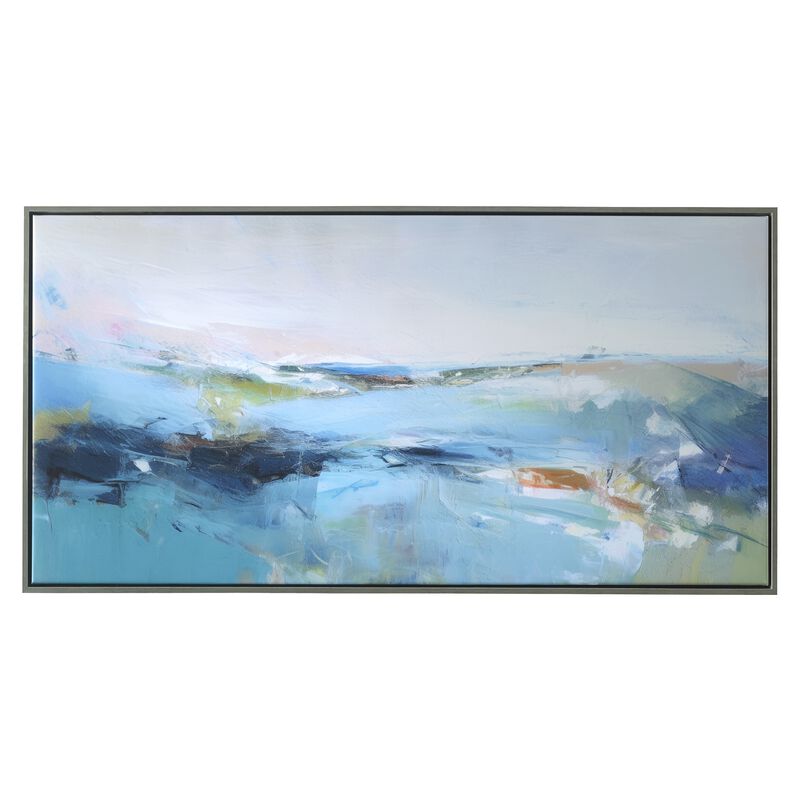 25 x 49 Handcrafted Wall Art, Waves on Framed Canvas, Silver Blue Green - Benzara